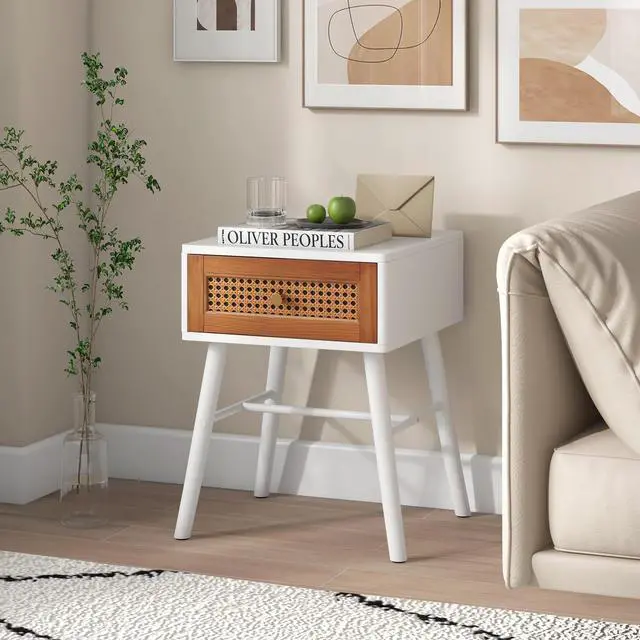 Alt view image 5 of 7 - SlickBlue Rattan Nightstand Mid Century Modern Accent Table with Drawer
