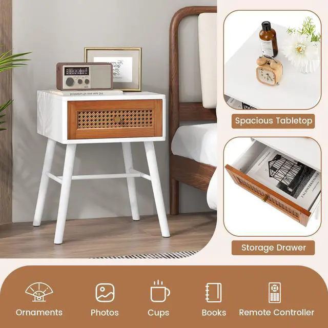 Alt view image 7 of 7 - SlickBlue Rattan Nightstand Mid Century Modern Accent Table with Drawer