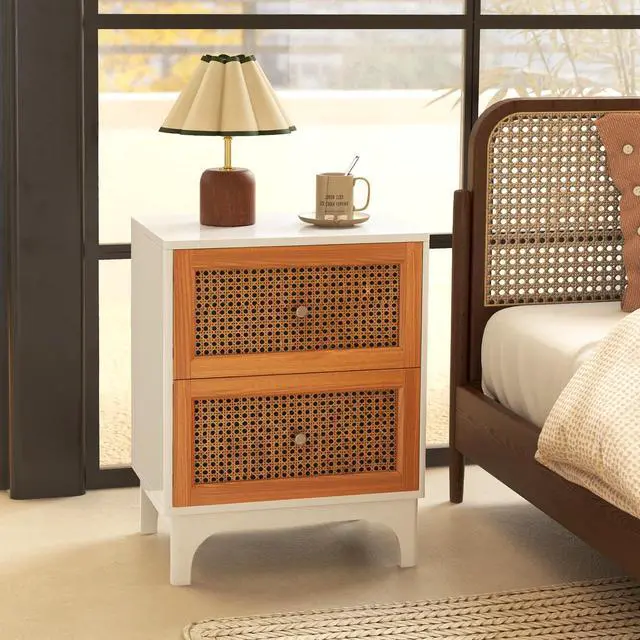 Alt view image 2 of 7 - SlickBlue Boho Accent Table Nightstand with 2 Handwoven Rattan Decorated Drawers