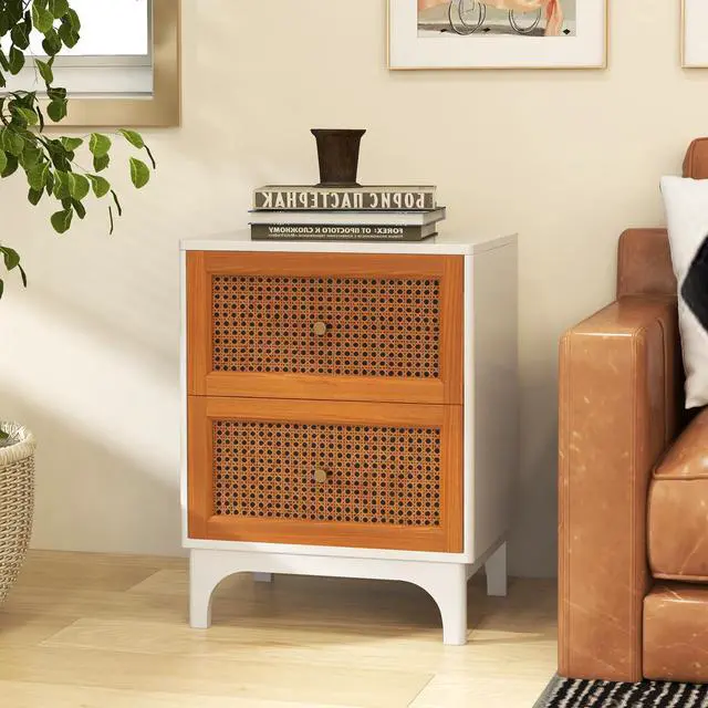 Alt view image 4 of 7 - SlickBlue Boho Accent Table Nightstand with 2 Handwoven Rattan Decorated Drawers
