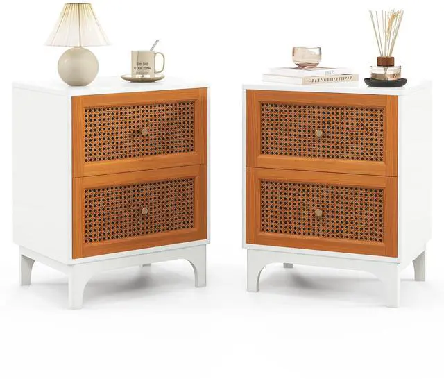 Alt view image 3 of 7 - SlickBlue Boho Accent Table Nightstand with 2 Handwoven Rattan Decorated Drawers