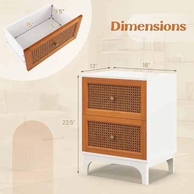 Alt view image 5 of 7 - SlickBlue Boho Accent Table Nightstand with 2 Handwoven Rattan Decorated Drawers