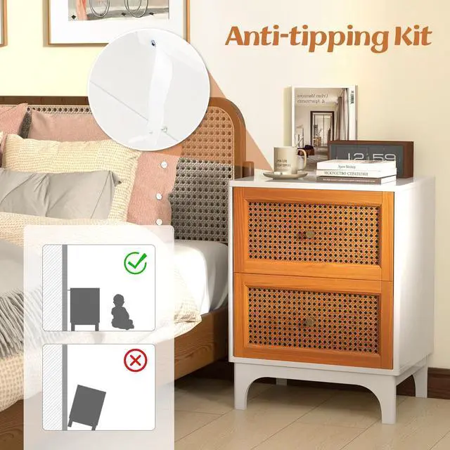 Alt view image 7 of 7 - SlickBlue Boho Accent Table Nightstand with 2 Handwoven Rattan Decorated Drawers