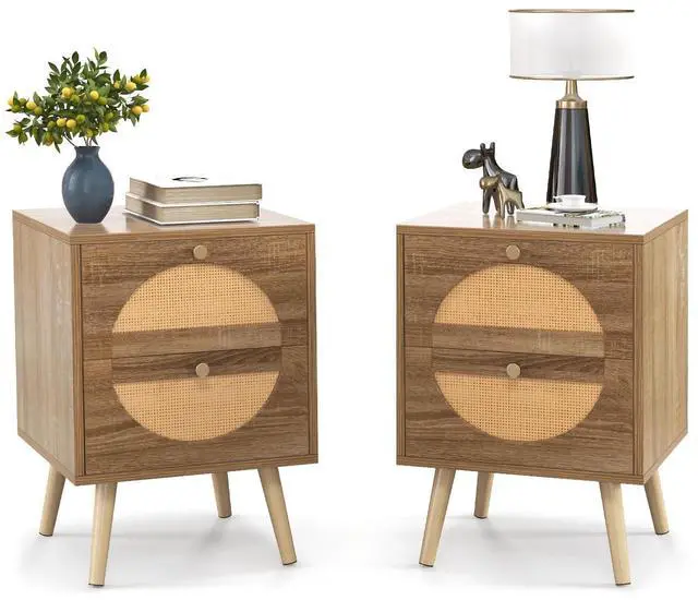 Main image of SlickBlue Set of 2 Rattan Nightstand with 2 Drawers and Solid Wood Legs