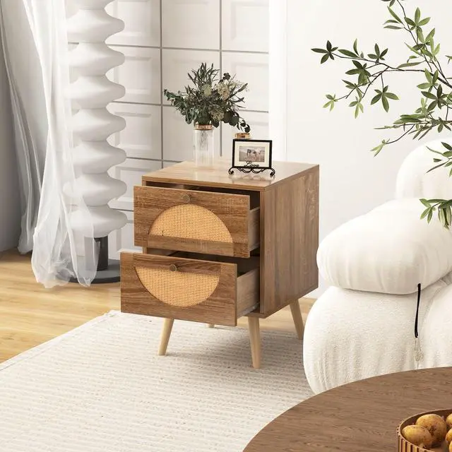 Alt view image 3 of 7 - SlickBlue Set of 2 Rattan Nightstand with 2 Drawers and Solid Wood Legs