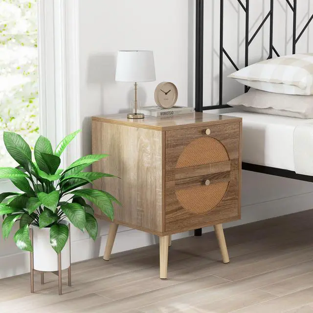 Alt view image 6 of 7 - SlickBlue Set of 2 Rattan Nightstand with 2 Drawers and Solid Wood Legs