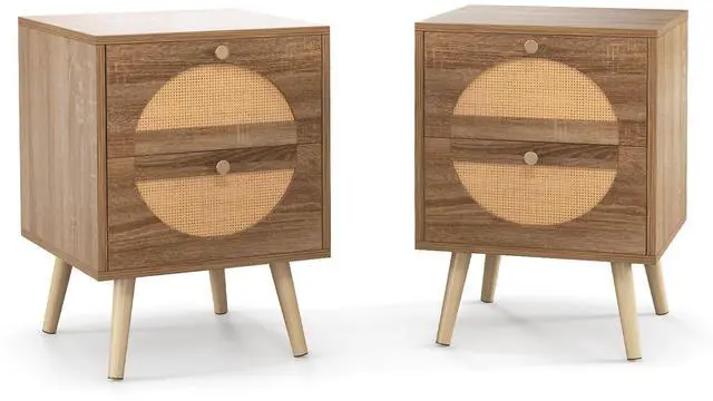 Alt view image 4 of 7 - SlickBlue Set of 2 Rattan Nightstand with 2 Drawers and Solid Wood Legs