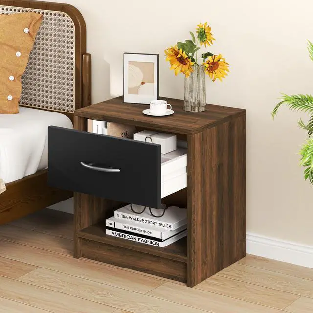 Alt view image 3 of 7 - SlickBlue Bedside Table Nightstand with Drawer and Open Storage Shelf