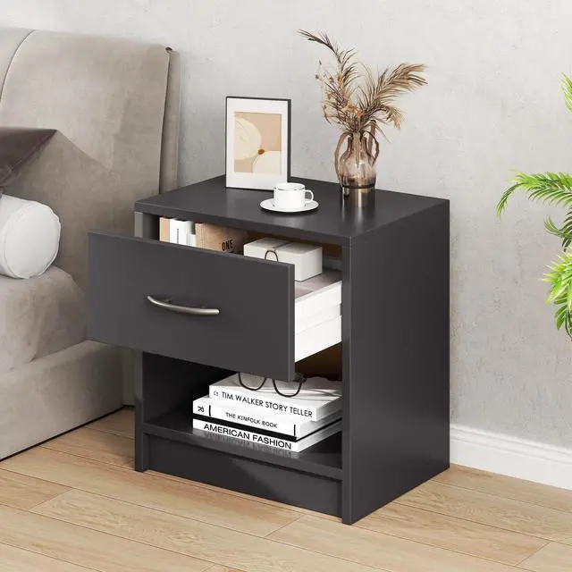 Alt view image 3 of 7 - SlickBlue Bedside Table Nightstand with Drawer and Open Storage Shelf