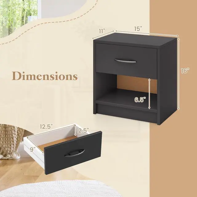 Alt view image 5 of 7 - SlickBlue Bedside Table Nightstand with Drawer and Open Storage Shelf