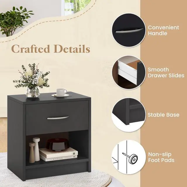 Alt view image 6 of 7 - SlickBlue Bedside Table Nightstand with Drawer and Open Storage Shelf