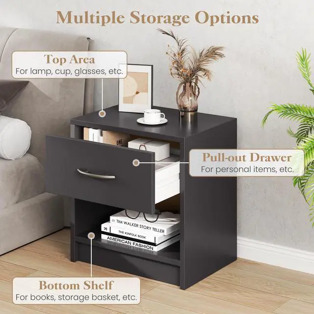 Alt view image 7 of 7 - SlickBlue Bedside Table Nightstand with Drawer and Open Storage Shelf