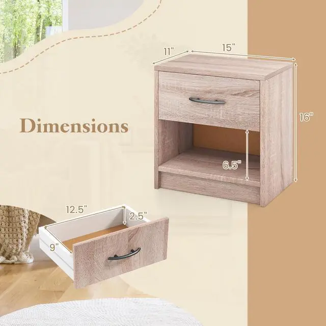 Alt view image 5 of 7 - SlickBlue Bedside Table Nightstand with Drawer and Open Storage Shelf