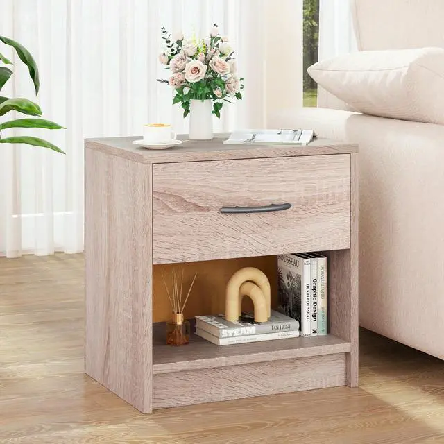 Alt view image 2 of 7 - SlickBlue Bedside Table Nightstand with Drawer and Open Storage Shelf