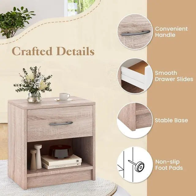Alt view image 6 of 7 - SlickBlue Bedside Table Nightstand with Drawer and Open Storage Shelf