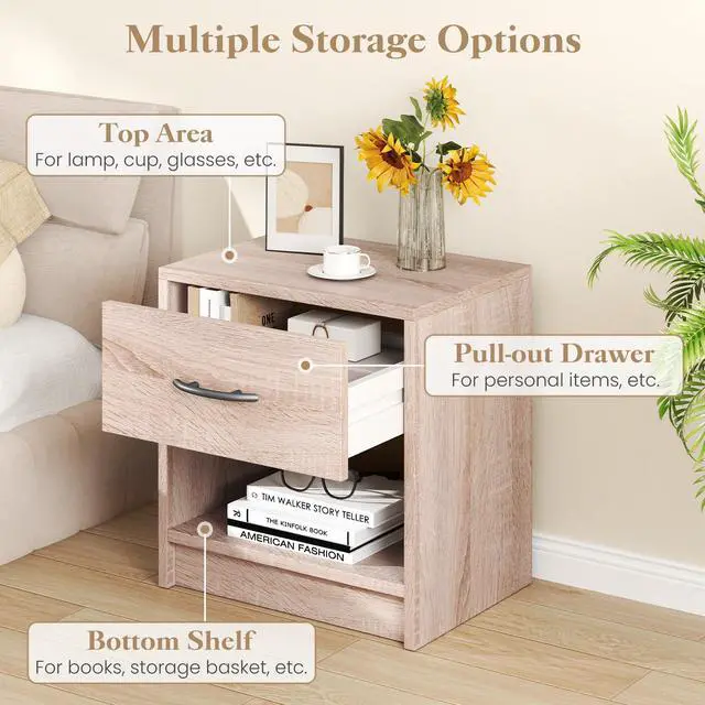 Alt view image 7 of 7 - SlickBlue Bedside Table Nightstand with Drawer and Open Storage Shelf