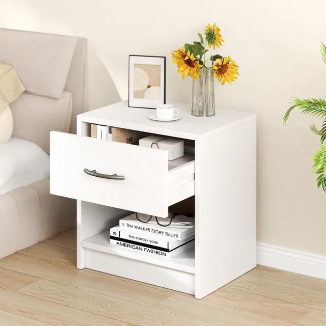 Alt view image 3 of 7 - SlickBlue Bedside Table Nightstand with Drawer and Open Storage Shelf