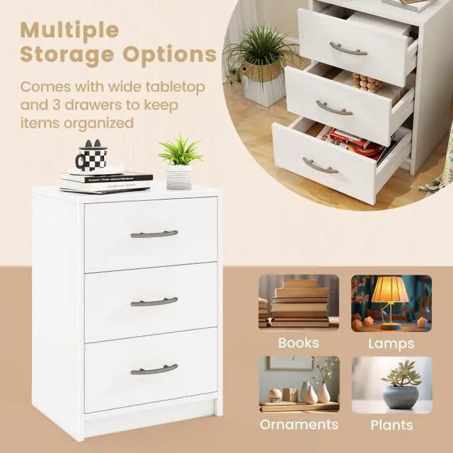 Alt view image 5 of 7 - SlickBlue 3 Drawer Nightstand with Storage for Living Room-White