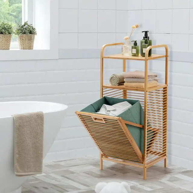 Alt view image 3 of 7 - SlickBlue Tilt-out Bamboo Laundry Hamper  with 2-Tier Shelf and Removable Liner-Natural