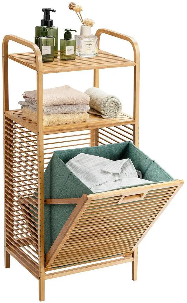 Alt view image 4 of 7 - SlickBlue Tilt-out Bamboo Laundry Hamper  with 2-Tier Shelf and Removable Liner-Natural