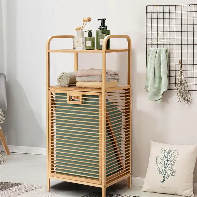 Alt view image 6 of 7 - SlickBlue Tilt-out Bamboo Laundry Hamper  with 2-Tier Shelf and Removable Liner-Natural