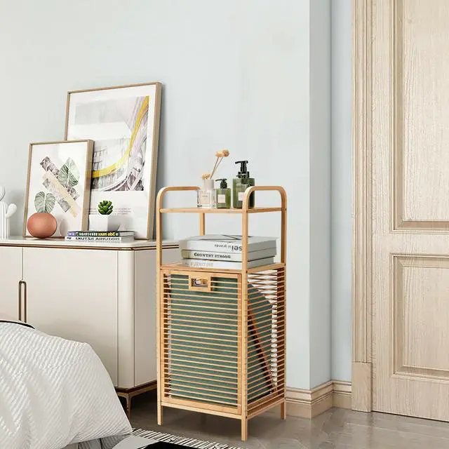 Alt view image 7 of 7 - SlickBlue Tilt-out Bamboo Laundry Hamper  with 2-Tier Shelf and Removable Liner-Natural