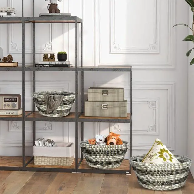 Alt view image 3 of 7 - SlickBlue Natural Canes Grass Baskets Stackable Storage Bins Set of 3 with Hollowed Handles