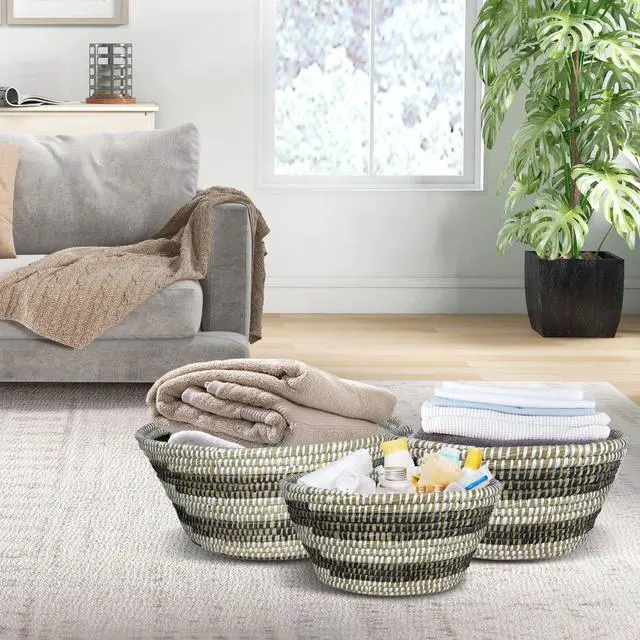 Alt view image 2 of 7 - SlickBlue Natural Canes Grass Baskets Stackable Storage Bins Set of 3 with Hollowed Handles