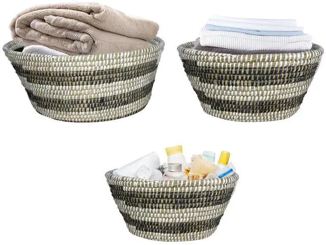 Alt view image 4 of 7 - SlickBlue Natural Canes Grass Baskets Stackable Storage Bins Set of 3 with Hollowed Handles