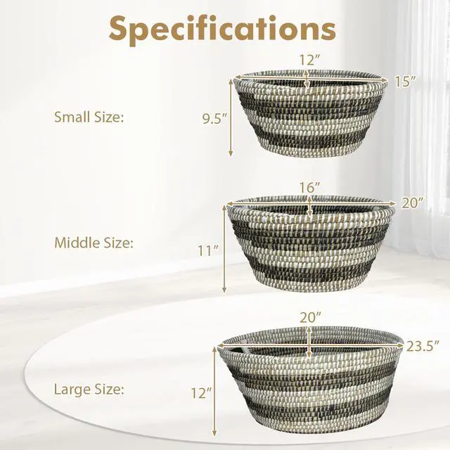 Alt view image 5 of 7 - SlickBlue Natural Canes Grass Baskets Stackable Storage Bins Set of 3 with Hollowed Handles