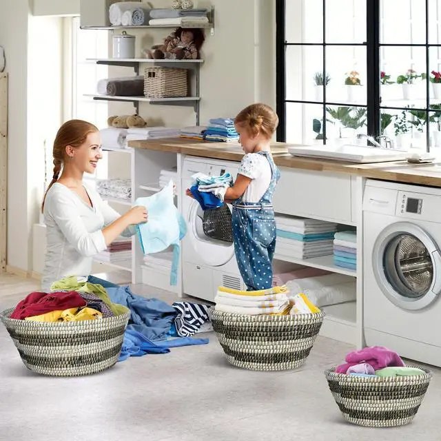 Alt view image 6 of 7 - SlickBlue Natural Canes Grass Baskets Stackable Storage Bins Set of 3 with Hollowed Handles