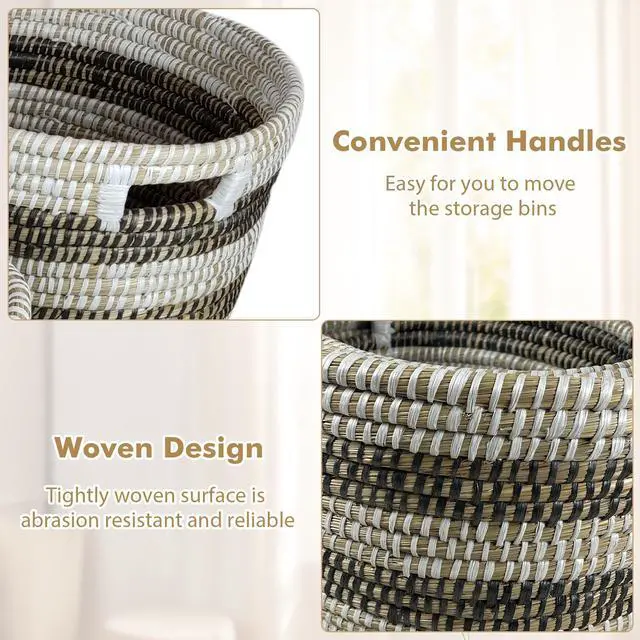 Alt view image 7 of 7 - SlickBlue Natural Canes Grass Baskets Stackable Storage Bins Set of 3 with Hollowed Handles