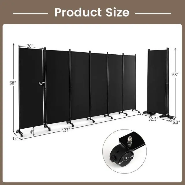 Alt view image 4 of 7 - SlickBlue 6 Panel 5.7 Feet Tall Rolling Room Divider on Wheels