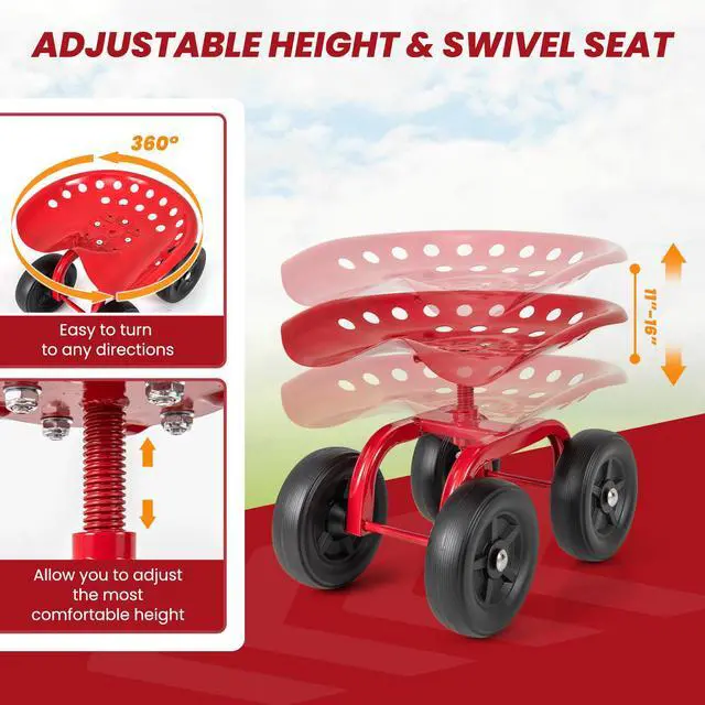 Alt view image 6 of 7 - SlickBlue Garden Rolling Workseat with 360° Swivel Seat and Adjustable Height