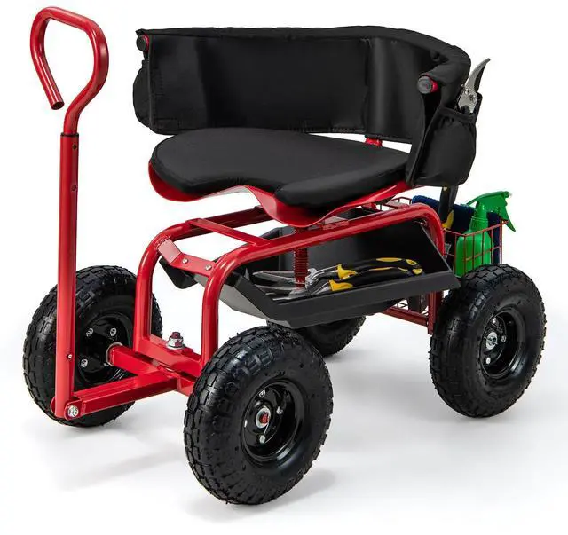Alt view image 4 of 7 - SlickBlue Cushioned Rolling Garden Cart Scooter with Storage Basket and Tool Pouch