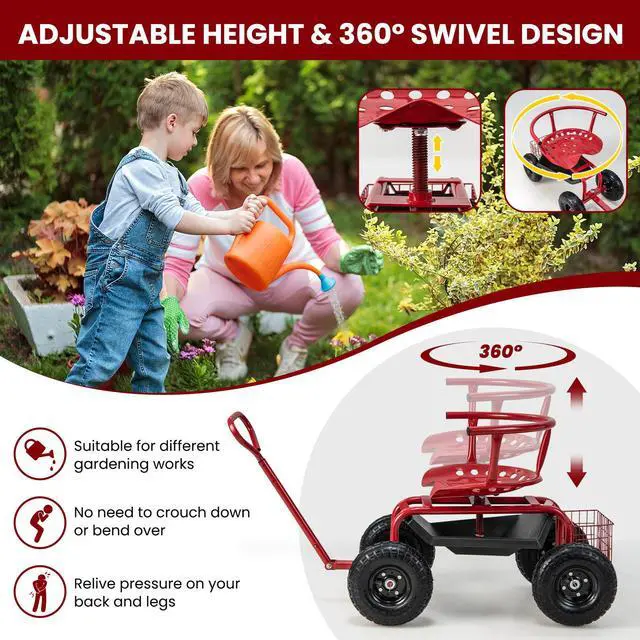 Alt view image 7 of 7 - SlickBlue Cushioned Rolling Garden Cart Scooter with Storage Basket and Tool Pouch