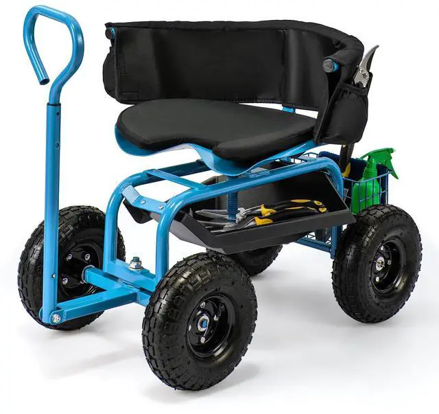 Alt view image 4 of 7 - SlickBlue Cushioned Rolling Garden Cart Scooter with Storage Basket and Tool Pouch