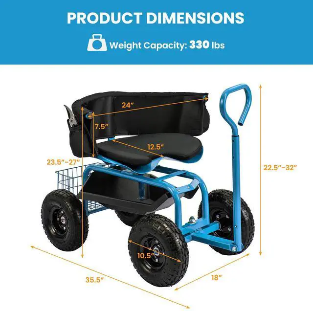 Alt view image 5 of 7 - SlickBlue Cushioned Rolling Garden Cart Scooter with Storage Basket and Tool Pouch