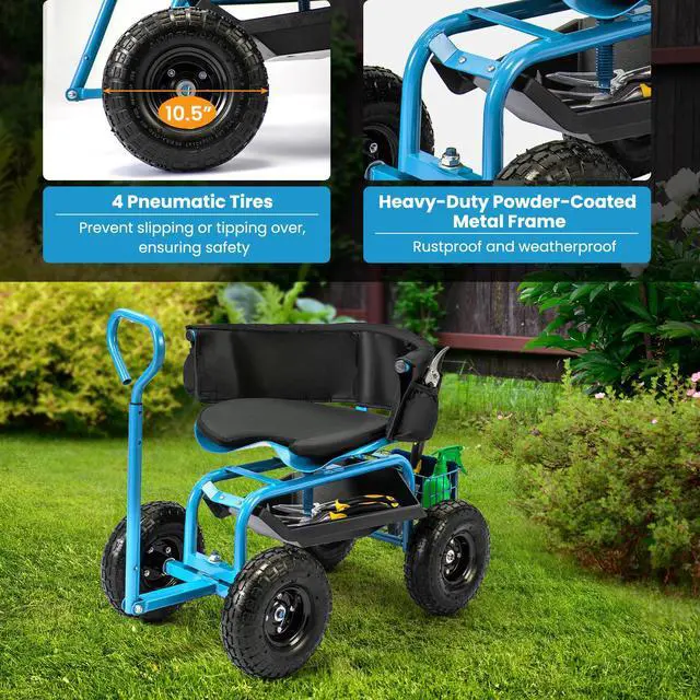 Alt view image 6 of 7 - SlickBlue Cushioned Rolling Garden Cart Scooter with Storage Basket and Tool Pouch