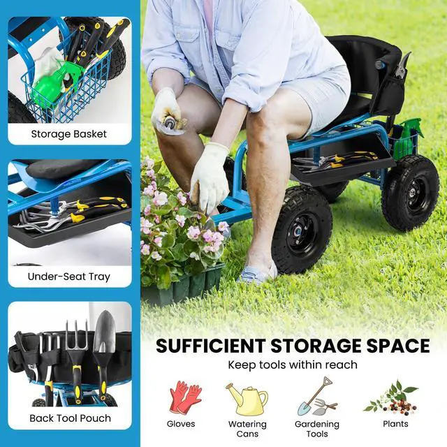 Alt view image 7 of 7 - SlickBlue Cushioned Rolling Garden Cart Scooter with Storage Basket and Tool Pouch