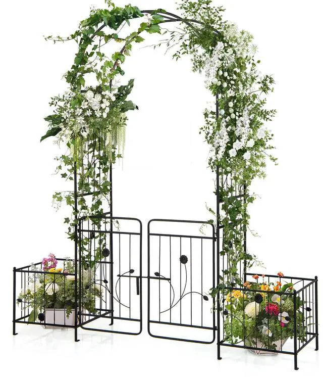 Alt view image 4 of 7 - SlickBlue 87 Inches Garden Arbor with Lockable Gate Side Planters