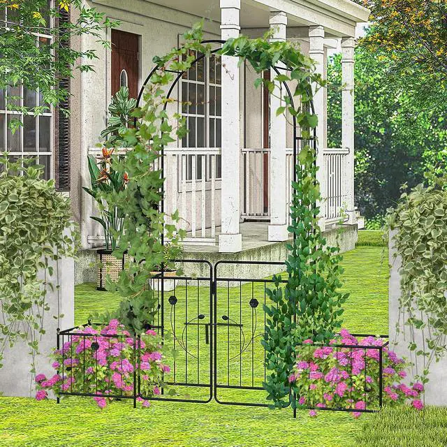 Alt view image 2 of 7 - SlickBlue 87 Inches Garden Arbor with Lockable Gate Side Planters