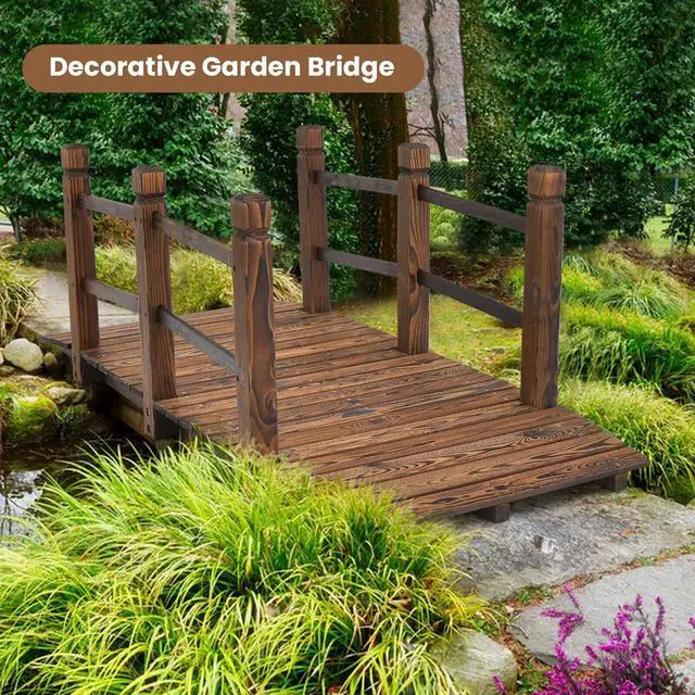 Alt view image 2 of 7 - SlickBlue 5 Feet Wooden Garden Bridge with Safety Rails