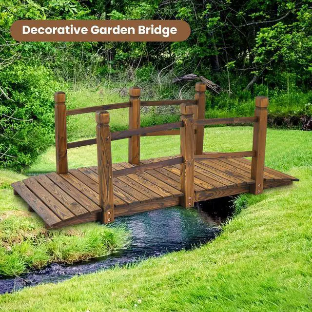 Alt view image 3 of 7 - SlickBlue 5 Feet Wooden Garden Bridge with Safety Rails