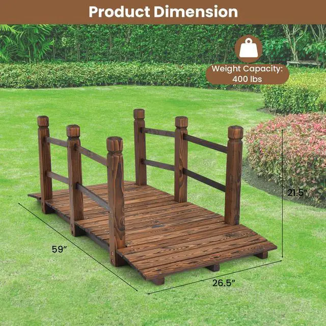 Alt view image 5 of 7 - SlickBlue 5 Feet Wooden Garden Bridge with Safety Rails