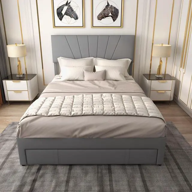 Alt view image 2 of 7 - SlickBlue Upholstered Bed Frame with Drawer and Adjustable Headboard-Queen Size