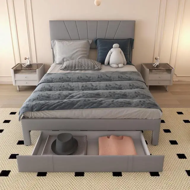 Alt view image 3 of 7 - SlickBlue Upholstered Bed Frame with Drawer and Adjustable Headboard-Queen Size