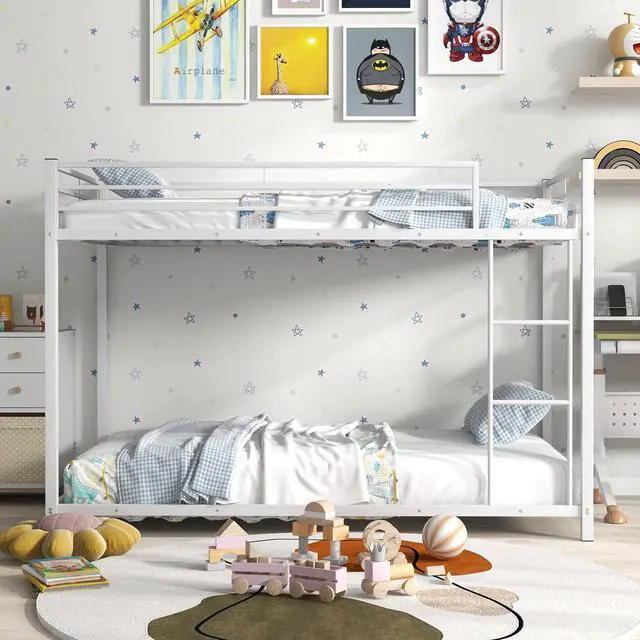 Alt view image 3 of 7 - SlickBlue Low Profile Twin Over Twin Metal Bunk Bed with Full-length Guardrails
