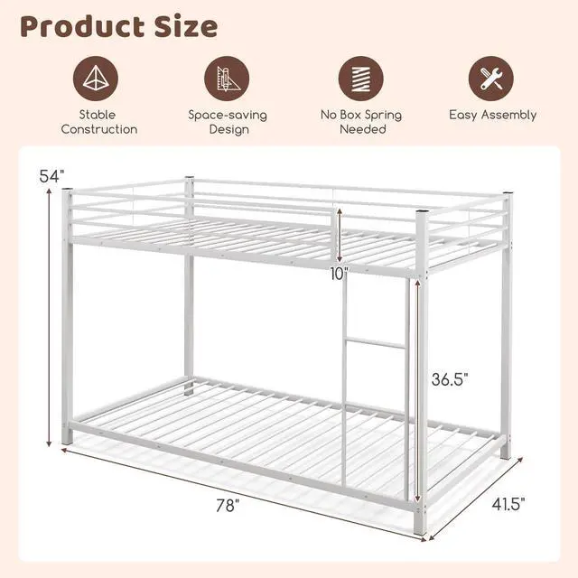 Alt view image 5 of 7 - SlickBlue Low Profile Twin Over Twin Metal Bunk Bed with Full-length Guardrails