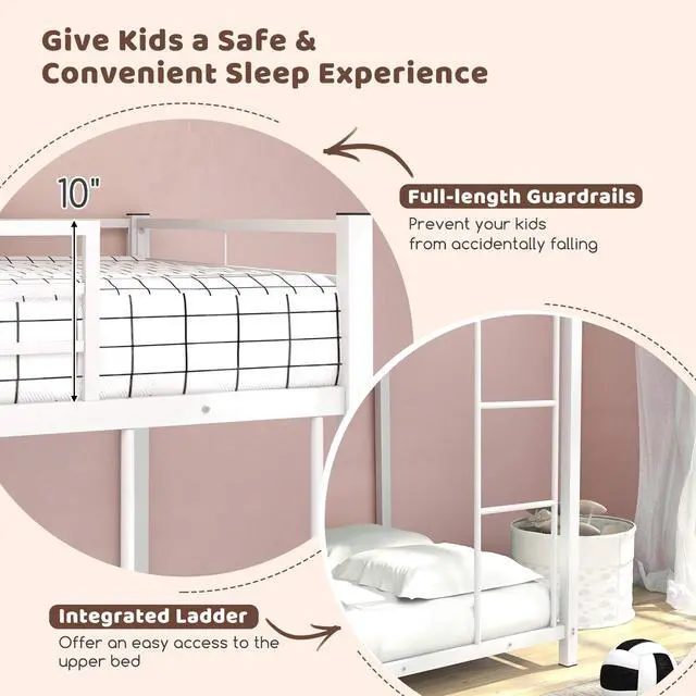 Alt view image 7 of 7 - SlickBlue Low Profile Twin Over Twin Metal Bunk Bed with Full-length Guardrails